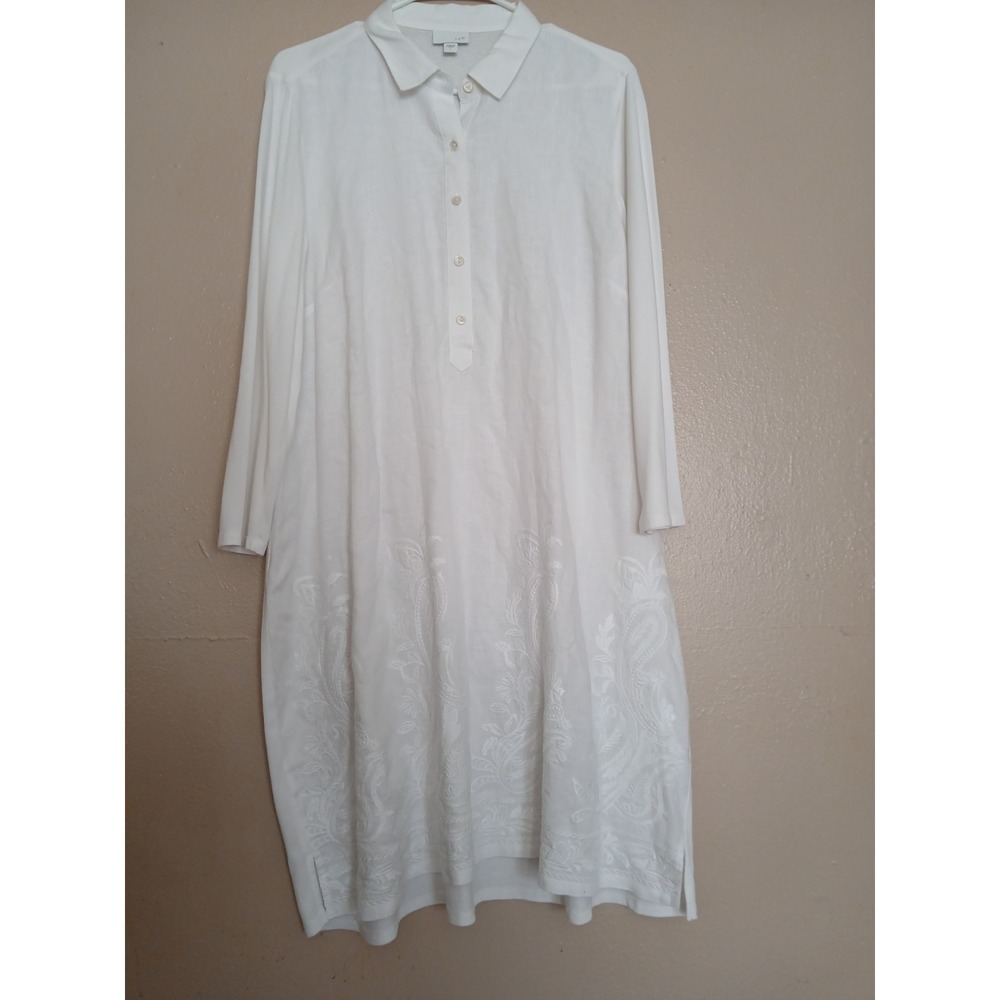 J Jill Dress Large  Linen Minimalist Resort Beach Cruise Embroidered Mixed Media